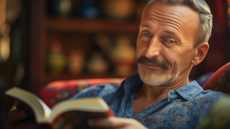 Portrait of senior man reading book while sitting in armchair at homeの素材