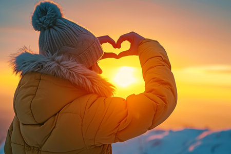 Woman making a heart shape with her hands at sunset in winter.の素材