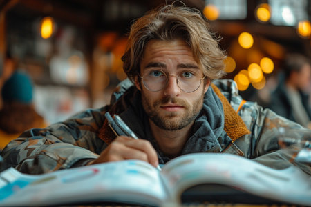Handsome young man in glasses reading book while sitting at cafeの素材