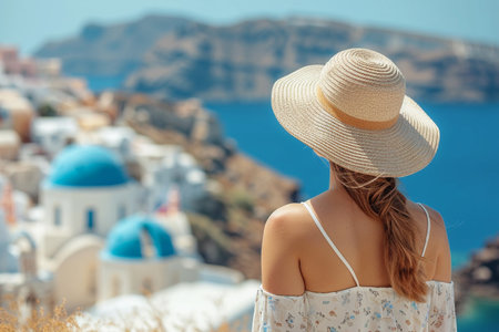 Young woman in white dress and straw hat looking at Santorini, Greeceの素材