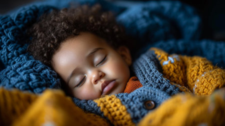 Cute african american little girl sleeping in knitted blanketの素材