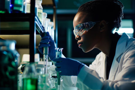 African american female scientist working in laboratory. Young female researcher carrying out scientific research in a lab.の素材