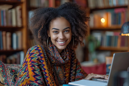 Portrait of a smiling african american woman using laptop in libraryの素材