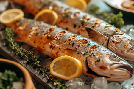 Baked mackerel with lemon and thyme on a wooden boardの素材