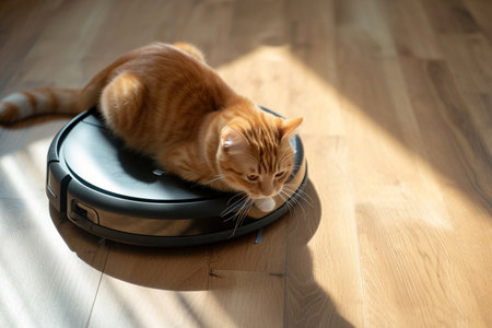 Cute ginger cat sleeping on robotic vacuum cleaner at home. Animal care conceptの素材