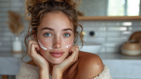 Beautiful young woman with cosmetic cream on her face in the bathroomの素材