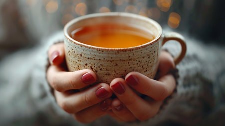 Female hands hold a cup of hot tea on a bokeh backgroundの素材