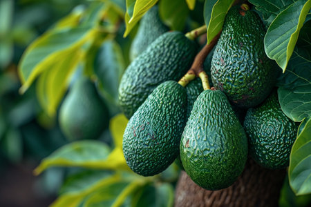 Ripe avocados growing on a tree in the garden.の素材