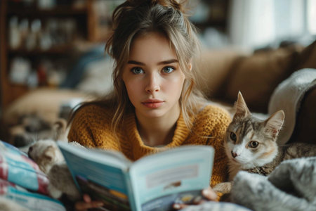 Beautiful young woman in a warm knitted sweater is reading a book at home.の素材