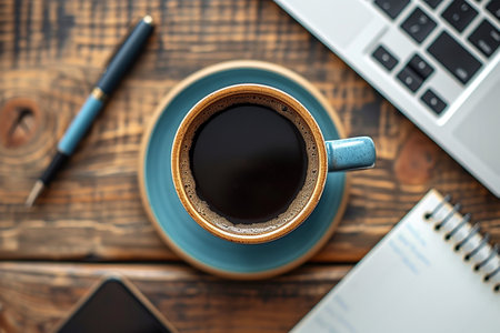 Cup of coffee on the table with laptop, smartphone and notebookの素材