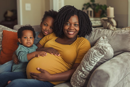 Portrait of happy pregnant woman with her son and daughter at homeの素材
