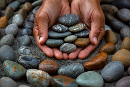 Pebbles on the beach in the hands of a woman.の素材