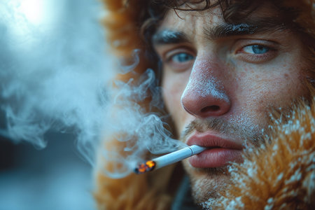 Close-up portrait of a man with a beard smoking a cigarette.の素材