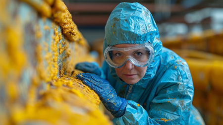 Portrait of a female worker in a blue protective suit and goggles in a factory.の素材