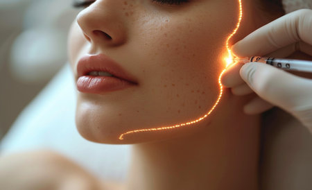 Beautiful young woman having laser hair removal procedure in beauty salon, closeupの素材