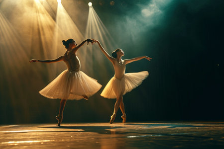Ballet dancers in white tutu dancing on stage with spotlightsの素材