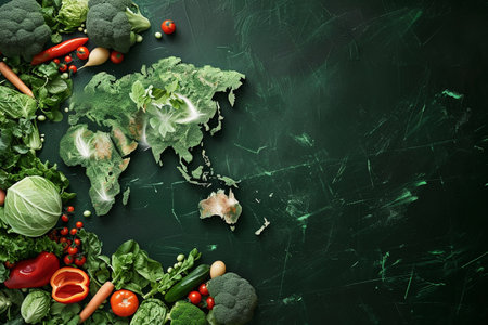 Vegetables and map of the world on green background, top viewの素材