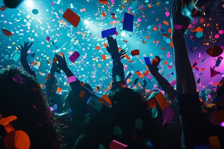 Crowd cheering at a music festival with confetti in the airの素材