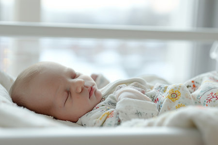 Cute newborn baby sleeping on bed at home. newborn sleepingの素材