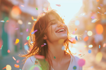Happy young woman with confetti on the background of the city.の素材