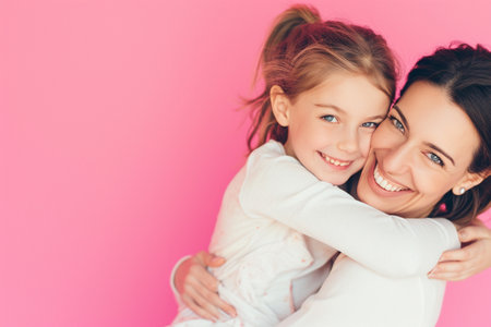 happy mother and daughter hugging and looking at camera on pink background with copy spaceの素材