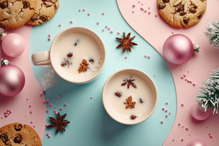 Cup of coffee with christmas cookies and spices on color backgroundの素材