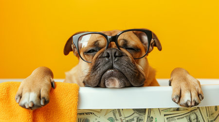 Funny dog in glasses peeking out from under the table on yellow backgroundの素材