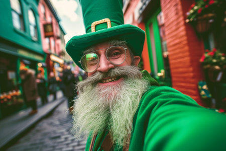 St. Patrick's Day. Portrait of an old man with a long beard and mustache in a green hat and glasses makes a selfie on the street of the old town.の素材