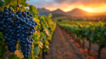 Ripe red wine grapes on vineyard at sunset in Lavaux region, Switzerlandの素材
