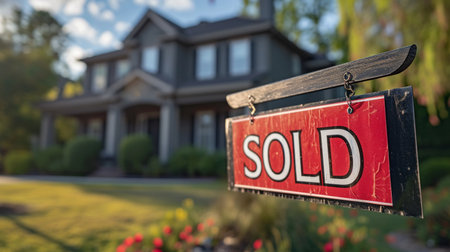 Sold Sign in Front of New House. Real Estate Business Concept.の素材
