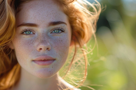 Portrait of a beautiful redhead girl with freckles on her faceの素材