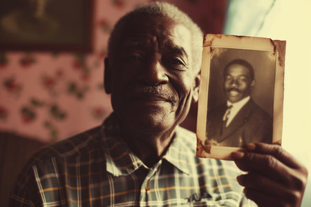 Portrait of senior African man holding photo in his hands at homeの素材