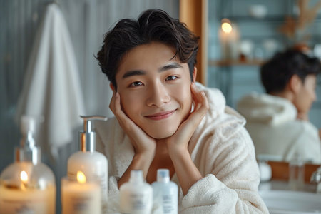 smiling young asian man in bathrobe looking at camera in bathroomの素材