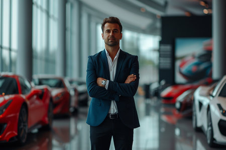 Confident young man in suit standing with crossed arms in car showroomの素材