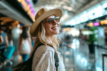 Portrait of smiling young woman in hat and sunglasses looking away while standing in airport terminalの素材