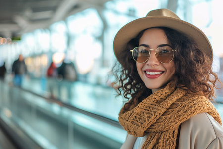 Beautiful young woman with curly hair wearing hat and scarf at the airportの素材