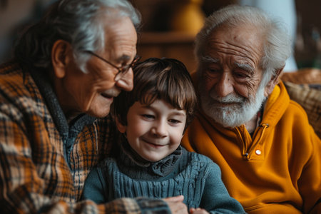 Close up portrait of a three-year-old boy with his grandparentsの素材