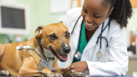 African american veterinarian examining dog in vet office. Selective focus on dogの素材