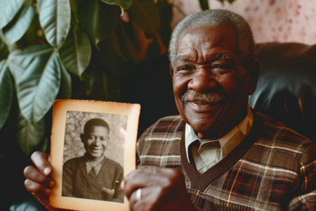 Portrait of a senior African American man holding a photo album.の素材