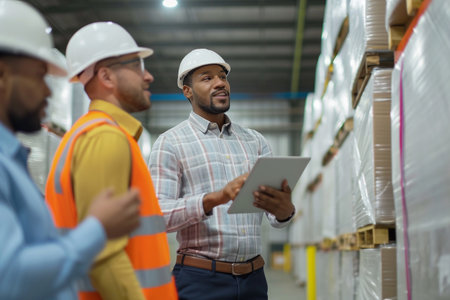 Front view of diverse warehouse staff using digital tablet in warehouse. This is a freight transportation and distribution warehouse. Industrial and industrial workers conceptの素材