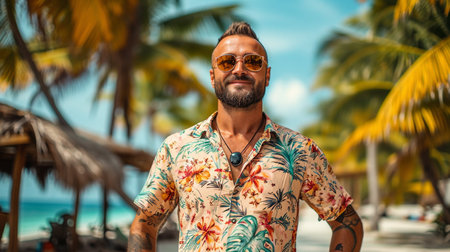 Portrait of handsome bearded man in colorful shirt and sunglasses at tropical beachの素材