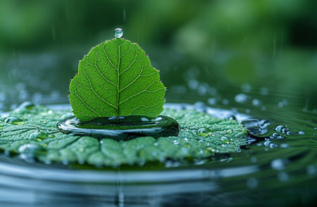 Green leaf on water surface with drops of rain. Nature background.の素材