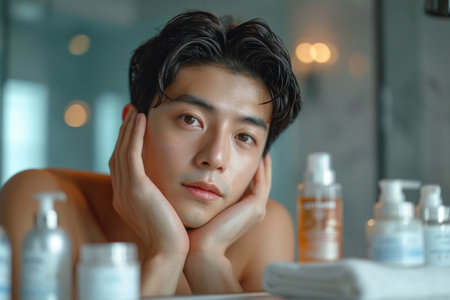 Young Asian man taking care of his face in the bathroom at homeの素材