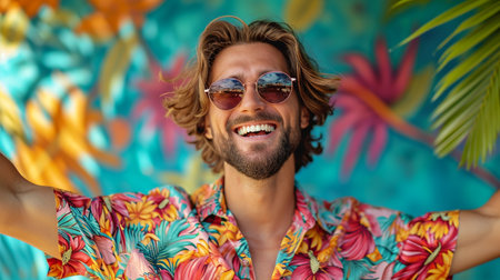 Cheerful young man taking a selfie on a tropical beach.の素材