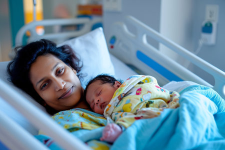 Mother with her newborn baby in hospital bed. Healthcare and medical concept.の素材