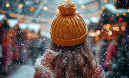 A girl in a knitted hat on the background of a Christmas market.の素材