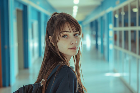 Portrait of a young woman with backpack in the corridor of the hospitalの素材