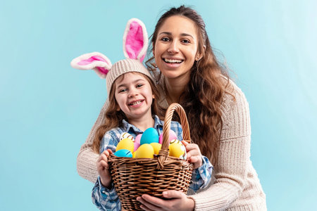 Happy mother and daughter in bunny ears holding basket with easter eggsの素材