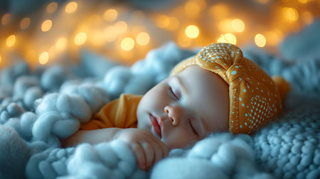 Newborn baby girl sleeping on soft blanket with bokeh lightsの素材