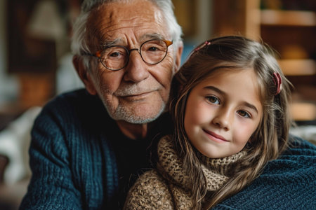Portrait of a cute little girl and her grandfather looking at cameraの素材